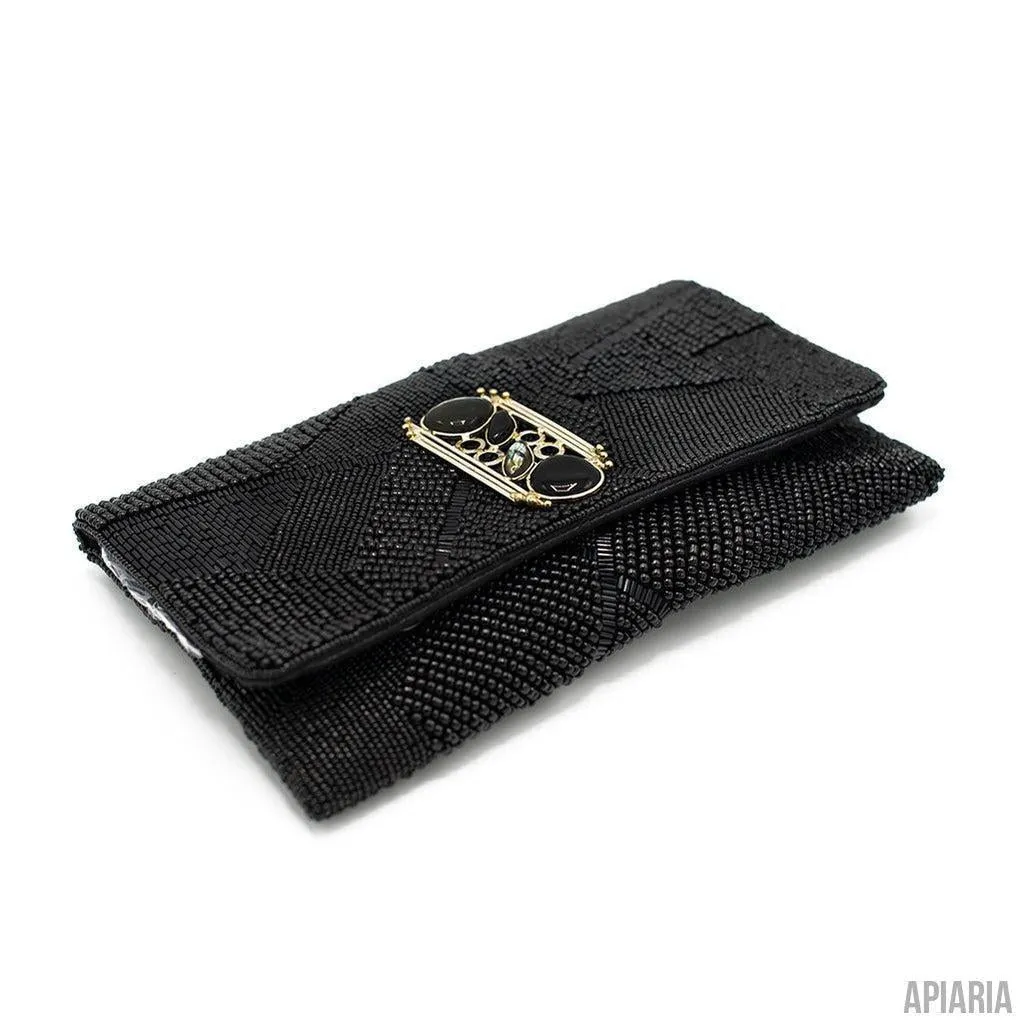 Ebony Clutch by Mary Frances, Hand beaded and embroidered