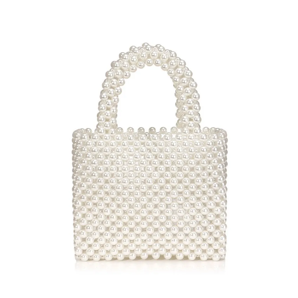 Elegant Hand-Woven Pearlized Beaded Clutch Bag - White