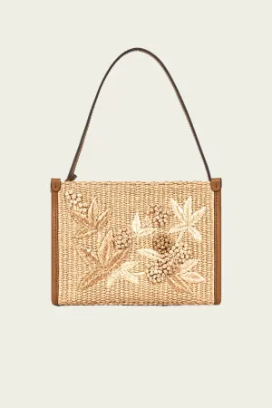 Embroidered Woven Straw Bag in Natural White