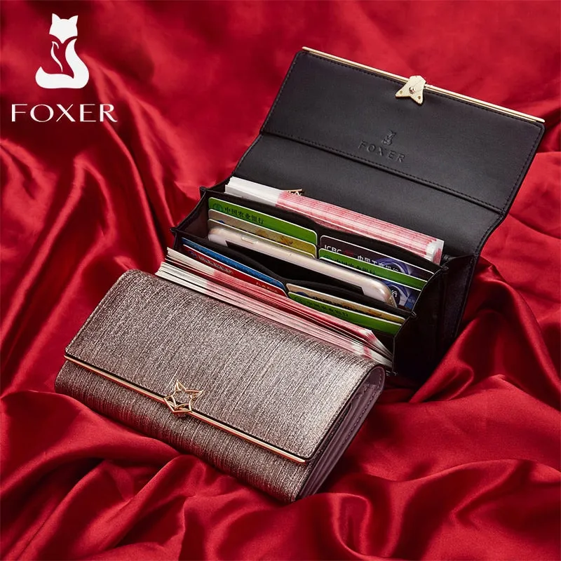 FOXER Brand High Quality Split Leather Women's Wallet with Striped Pattern