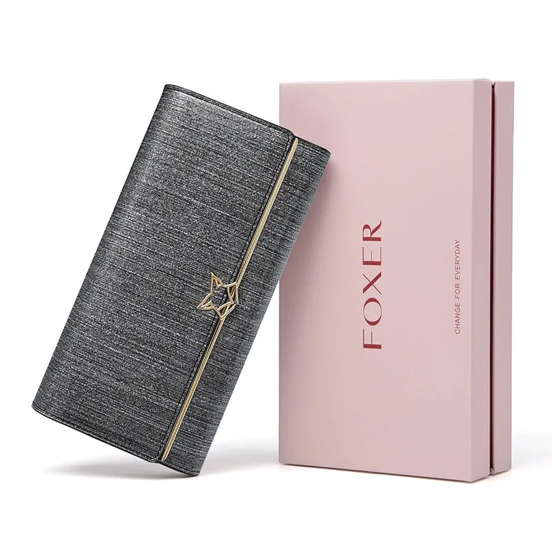 FOXER Brand High Quality Split Leather Women's Wallet with Striped Pattern