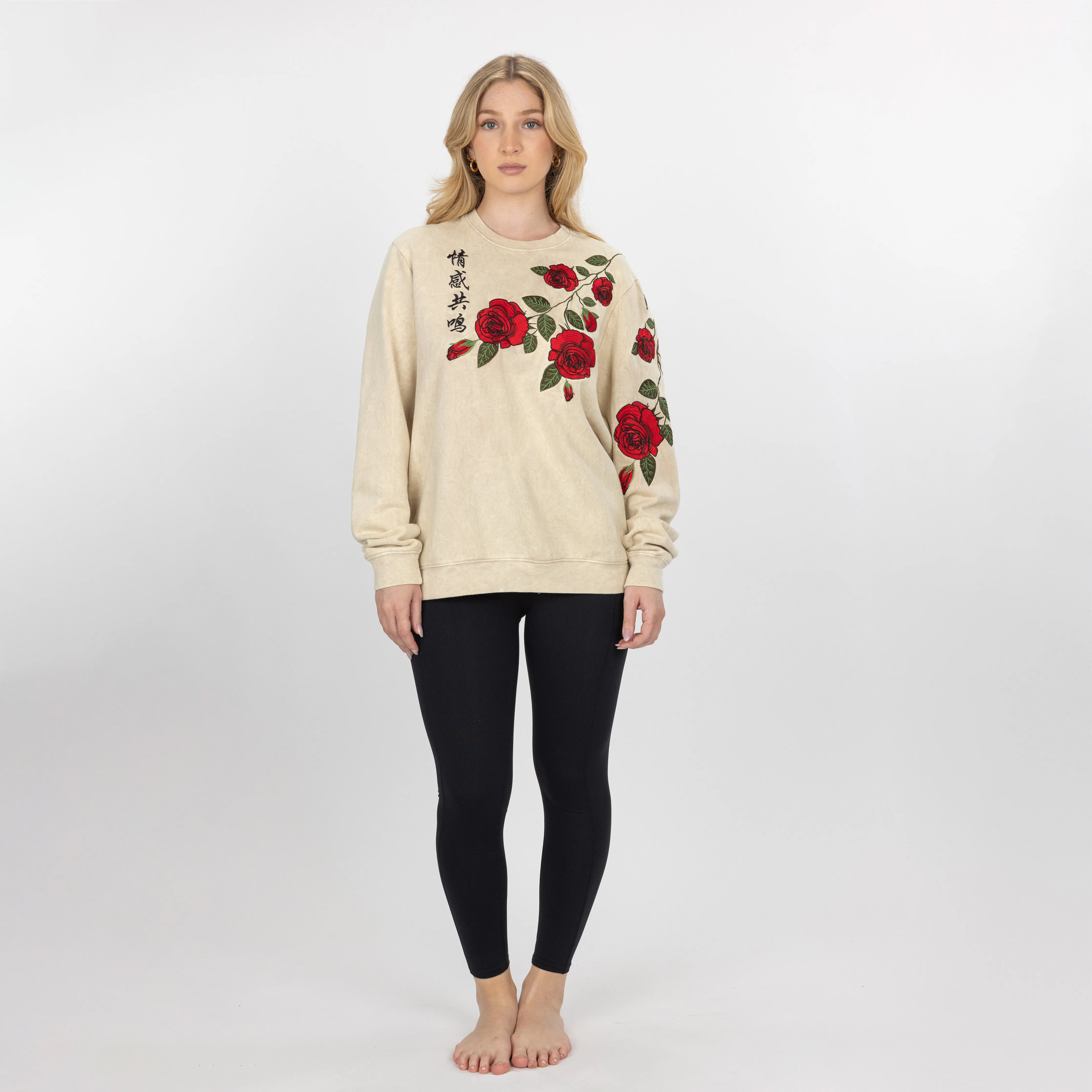 Gender Neutral Crushed Washed Fleece Crewneck with Luxury Embroidery - Tapioca / Kanji Good Vibes