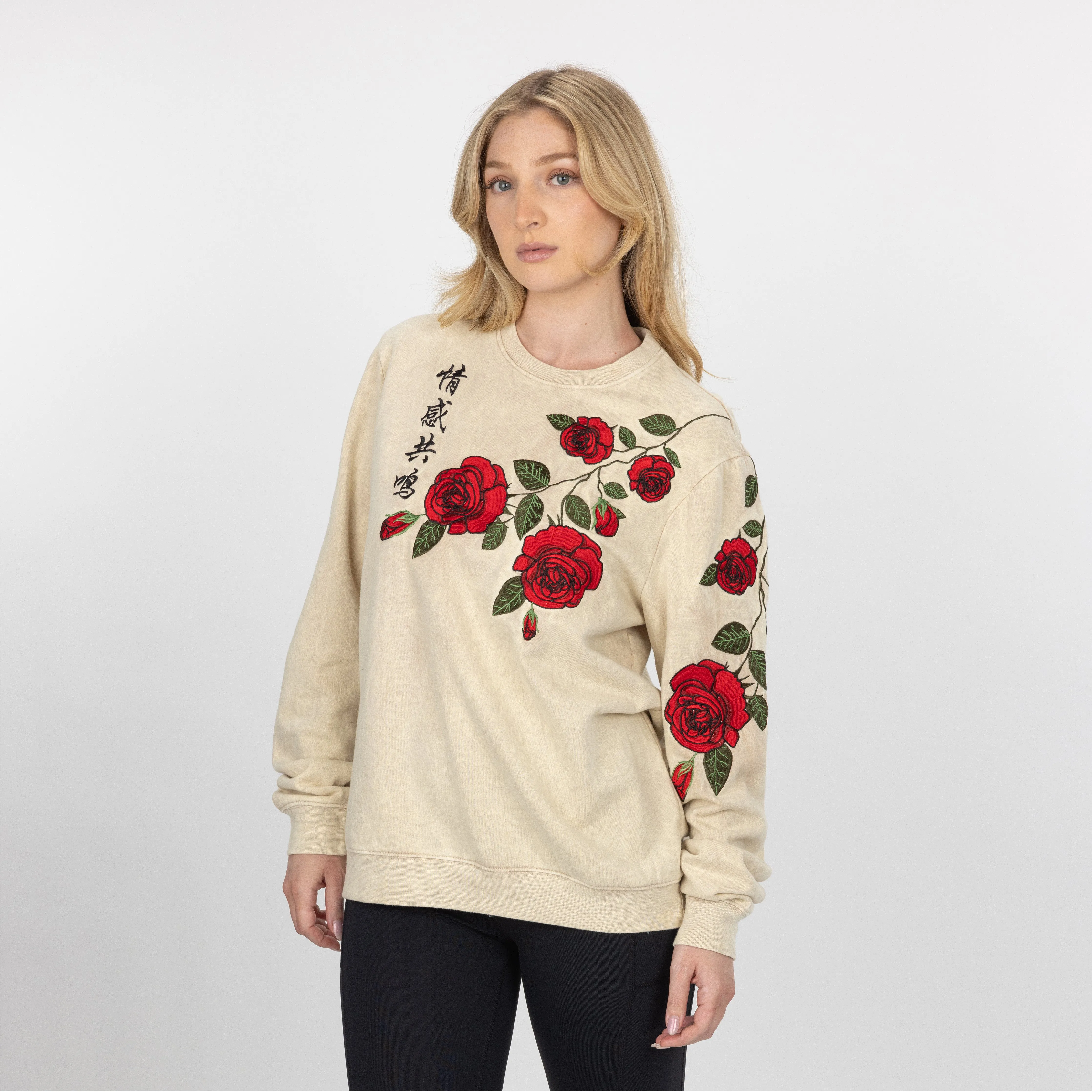 Gender Neutral Crushed Washed Fleece Crewneck with Luxury Embroidery - Tapioca / Kanji Good Vibes