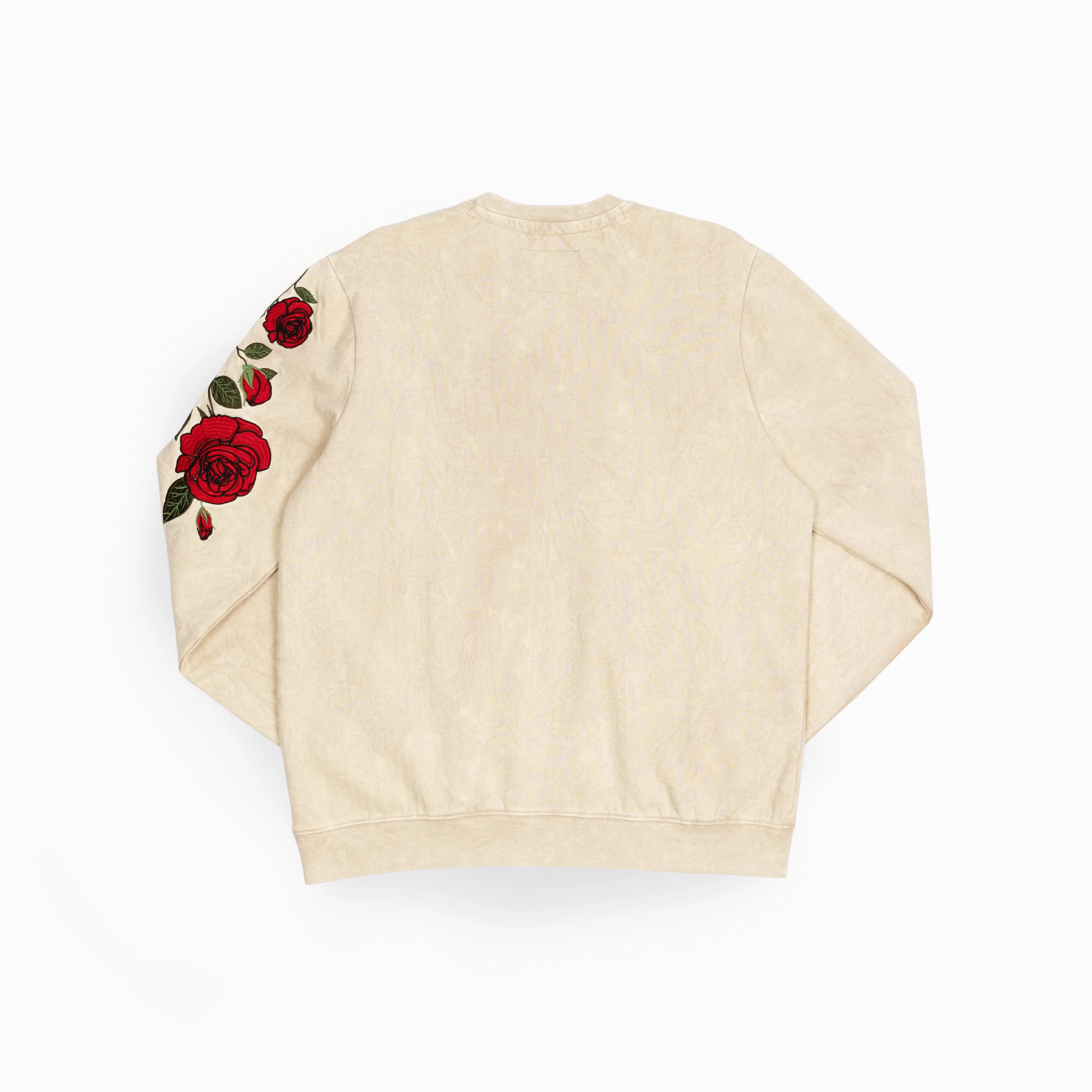 Gender Neutral Crushed Washed Fleece Crewneck with Luxury Embroidery - Tapioca / Kanji Good Vibes
