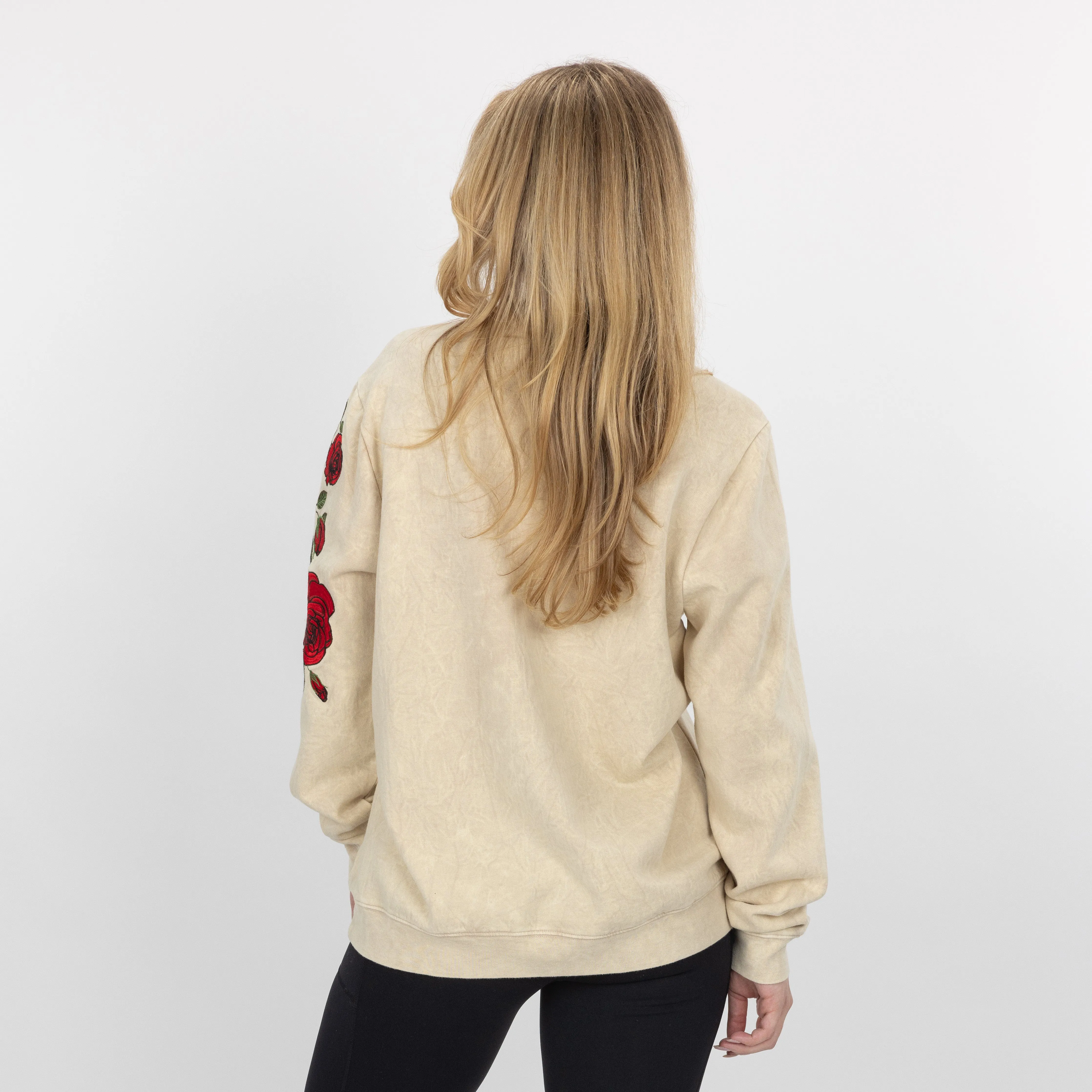 Gender Neutral Crushed Washed Fleece Crewneck with Luxury Embroidery - Tapioca / Kanji Good Vibes
