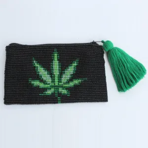 Glass Bead Coin Purse: Leaf - GREEN ON GREEN