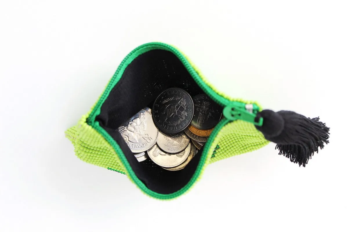 Glass Bead Coin Purse: Leaf - GREEN ON GREEN