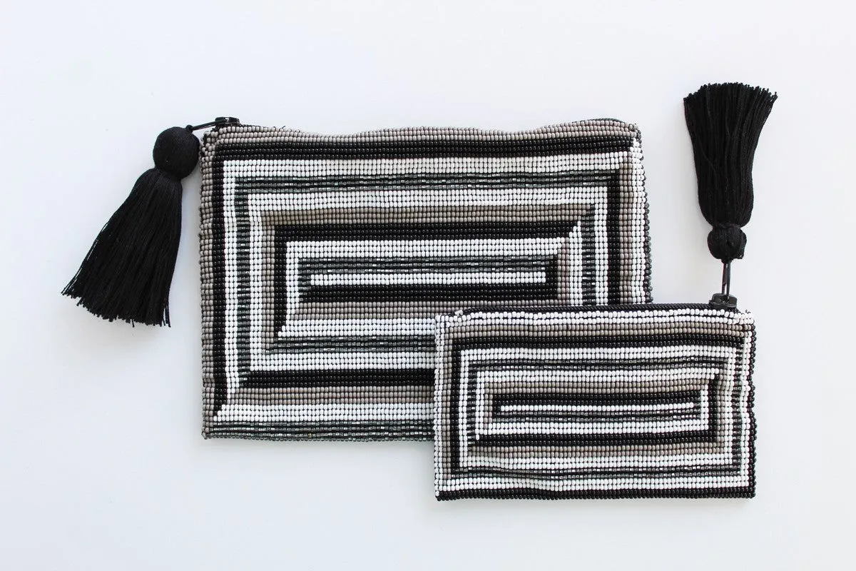 Glass Bead Rectangle Clutch - BLACK & WHITE