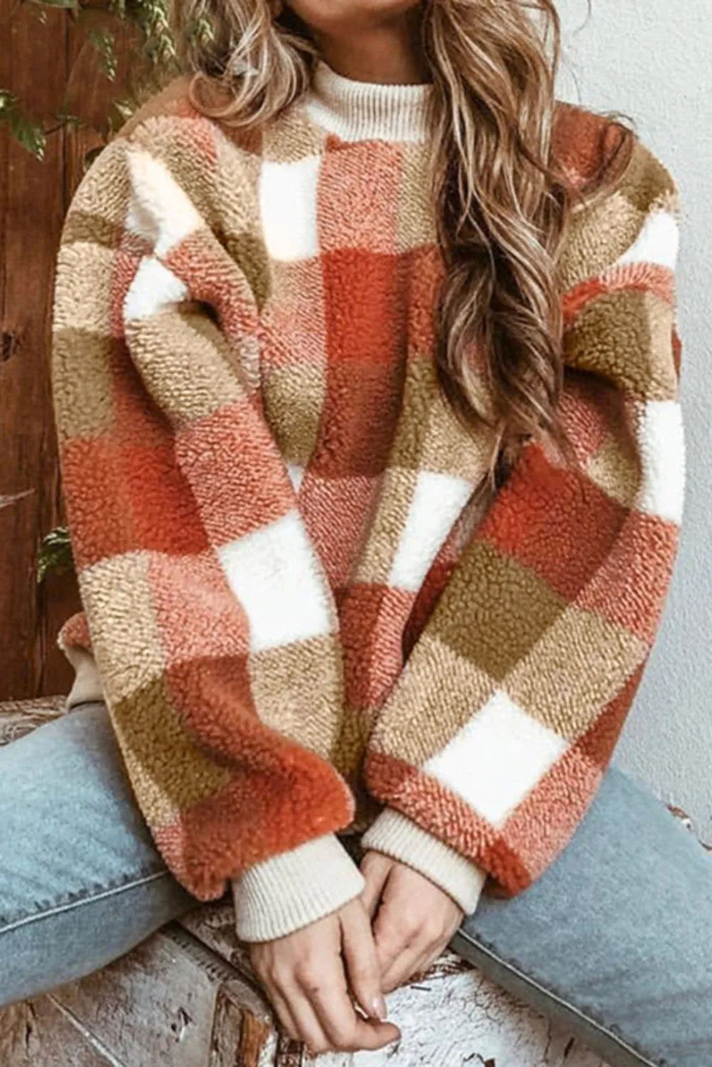 Gold Flame Vintage Checkered Fleece Baggy Sweatshirt