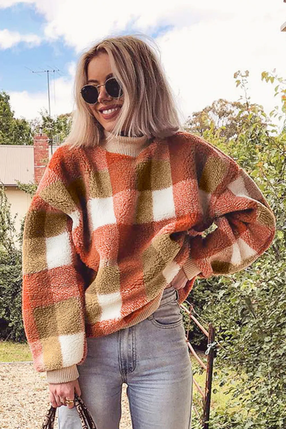 Gold Flame Vintage Checkered Fleece Baggy Sweatshirt