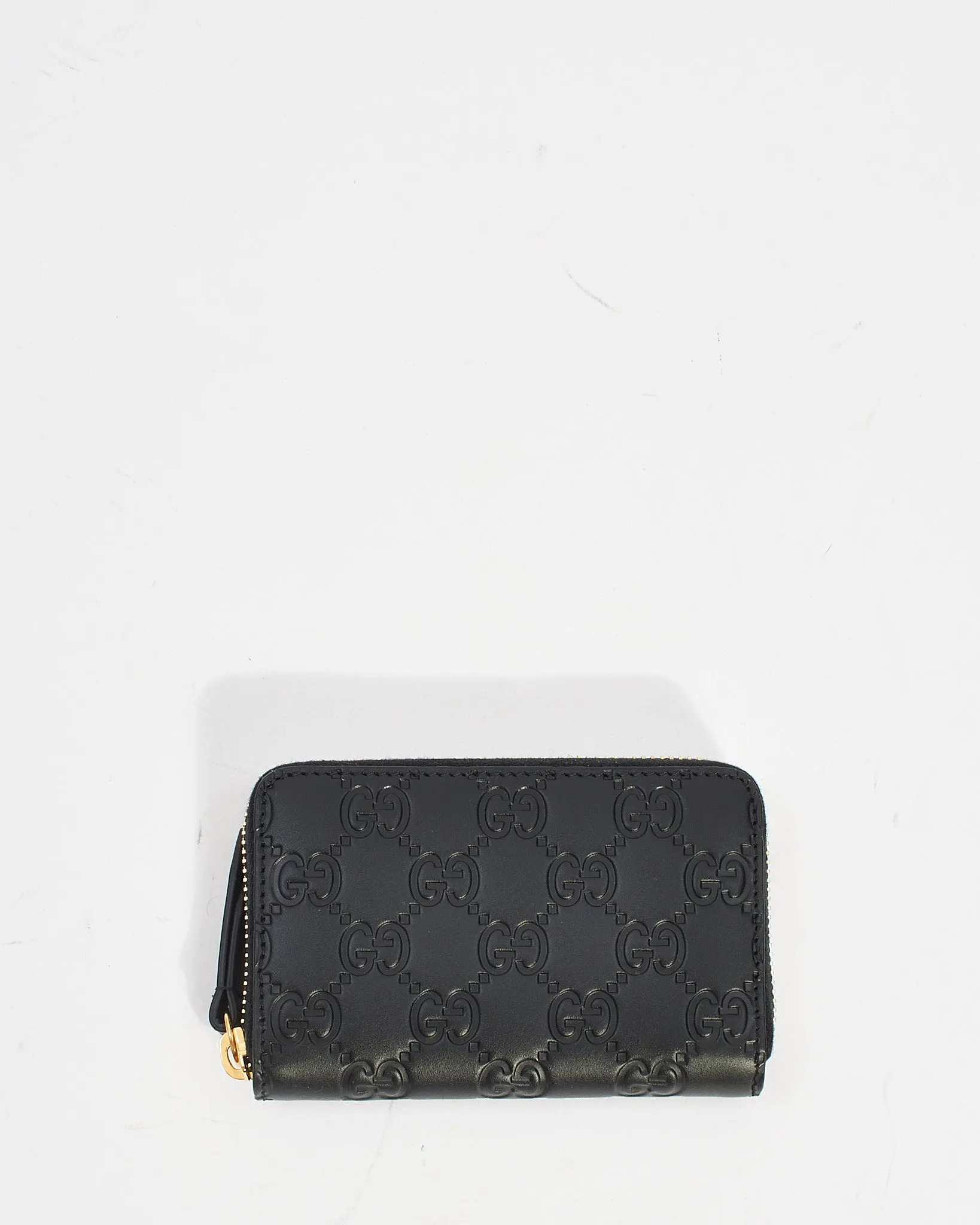 Gucci Black Signature G Leather Zippy Card Case Wallet