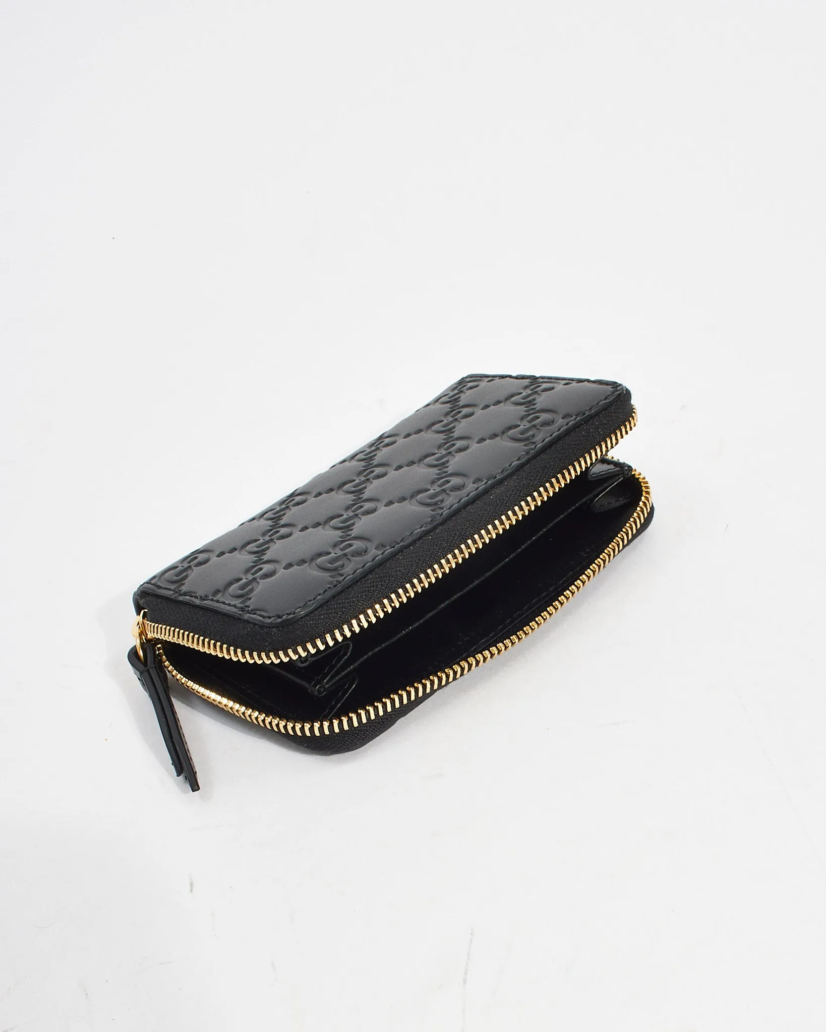Gucci Black Signature G Leather Zippy Card Case Wallet