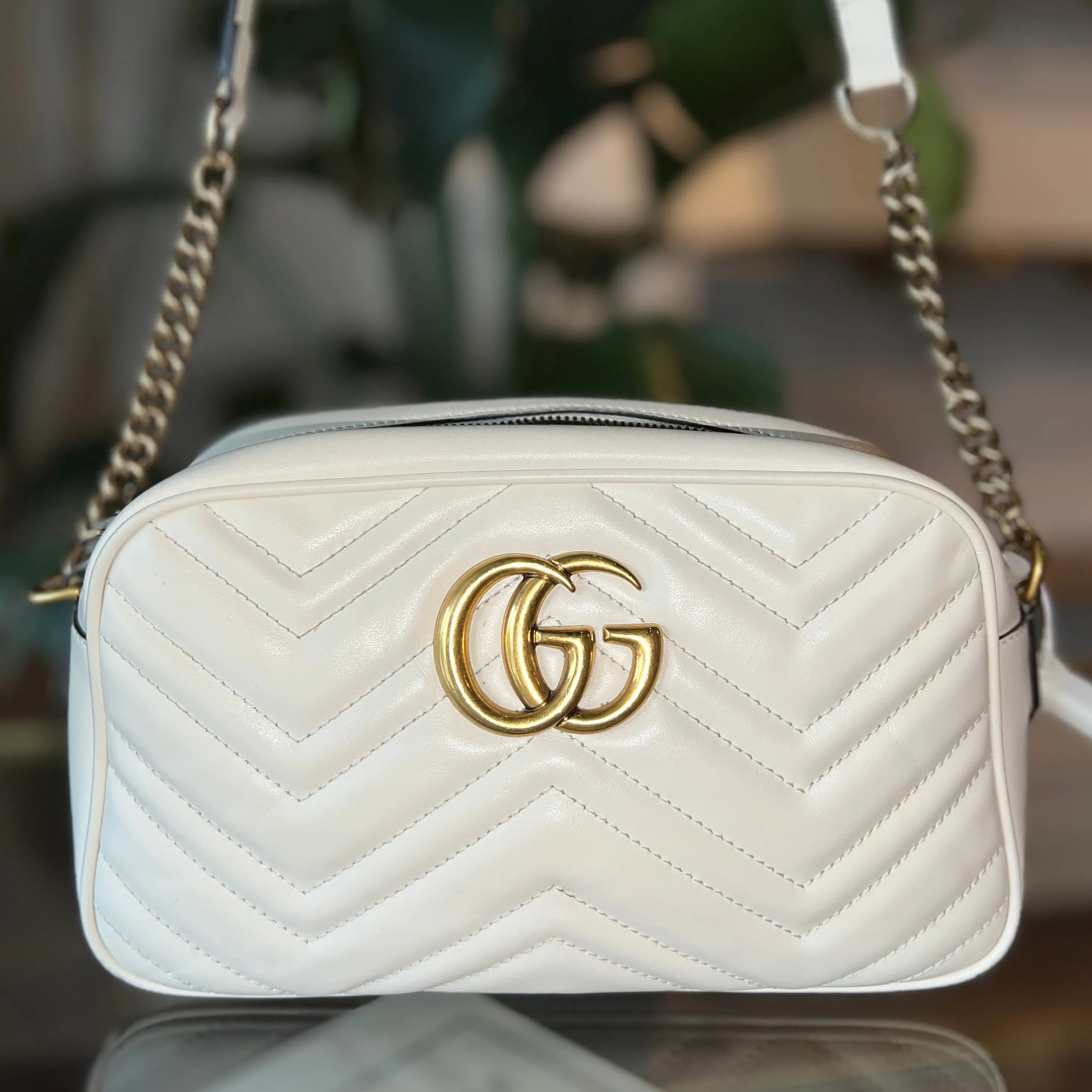 GUCCI GG Marmont White Leather Small Shoulder Bag