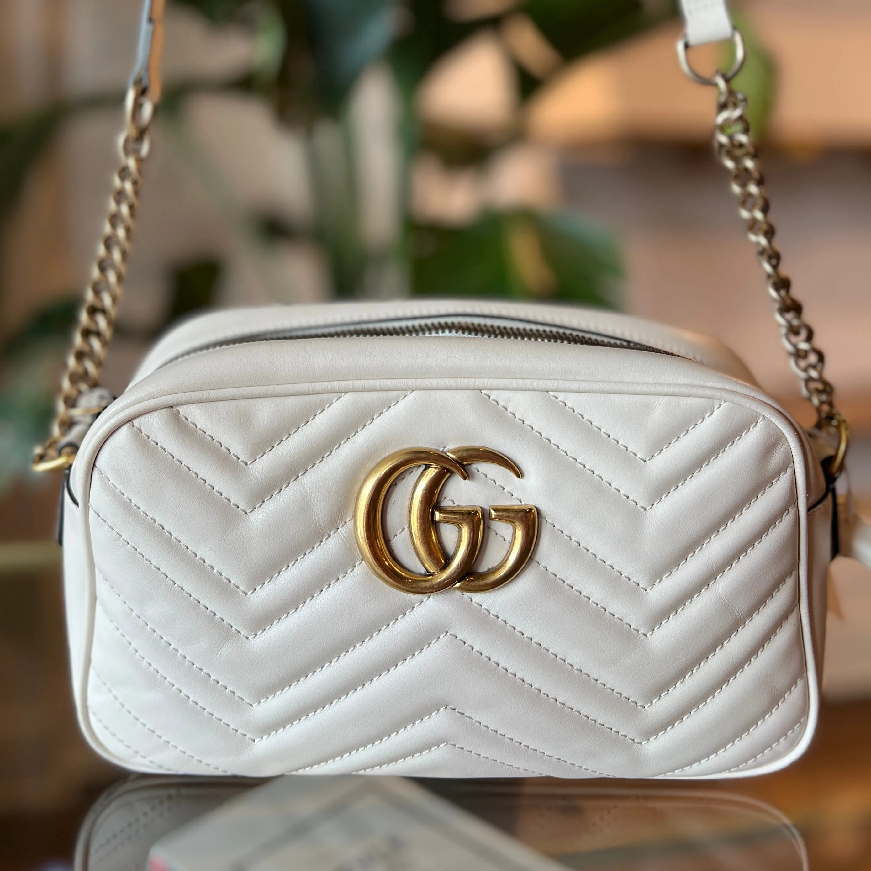 GUCCI GG Marmont White Leather Small Shoulder Bag