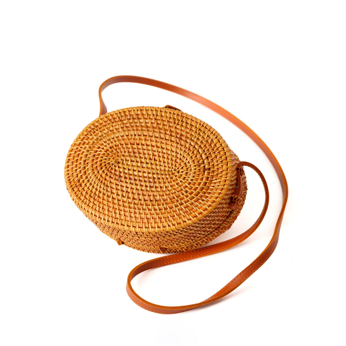 Handwoven Oval Shape Rattan Bag Women Beach Straw Woven Crossbody Bag Purse Handbag Shoulder Bag with Leather Strap
