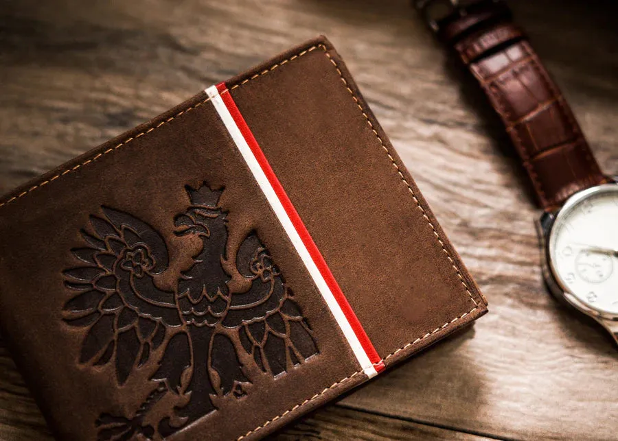 Horizontal Leather Wallet Embossed with Polish Eagle & White and Red Trim