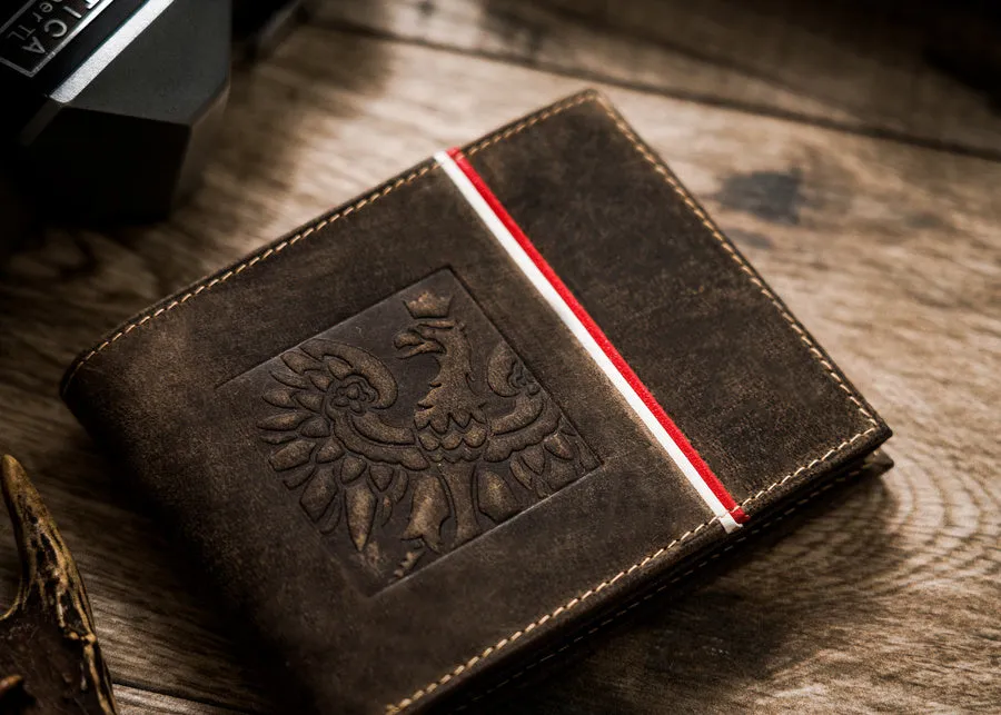 Horizontal Leather Wallet Embossed with Square Polish Eagle & White and Red Trim