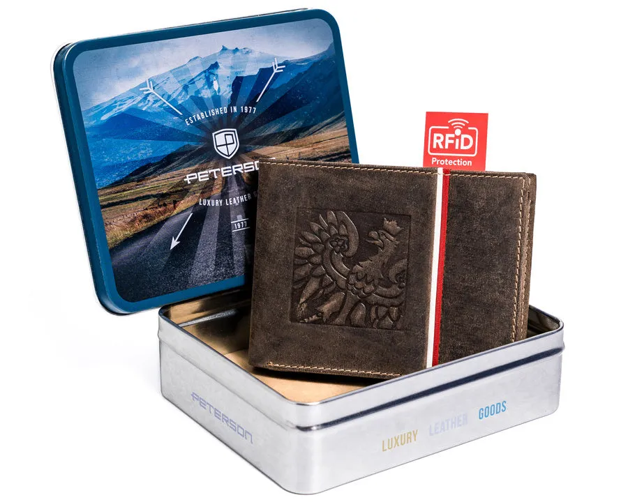 Horizontal Leather Wallet Embossed with Square Polish Eagle & White and Red Trim