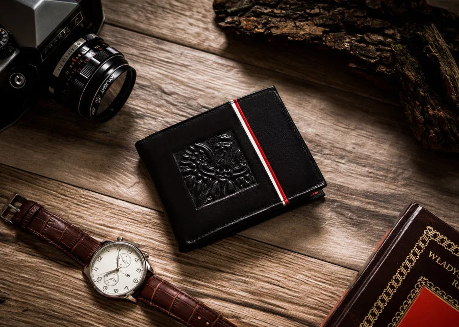 Horizontal Leather Wallet Embossed with Square Polish Eagle & White and Red Trim