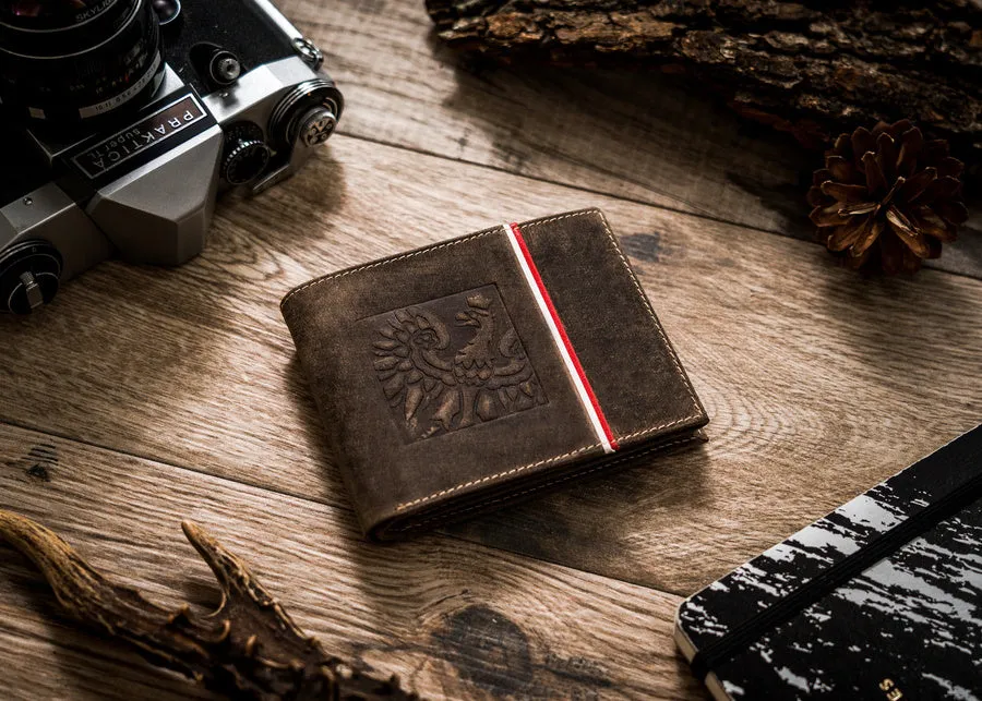 Horizontal Leather Wallet Embossed with Square Polish Eagle & White and Red Trim