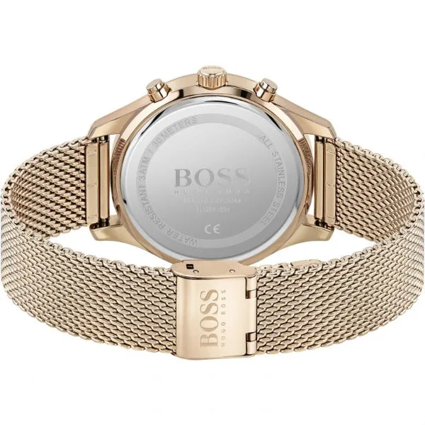 HUGO BOSS Associate Rose Gold Mesh Bracelet Black Dial Chronograph Quartz Watch for Gents - HUGO BOSS 1513806
