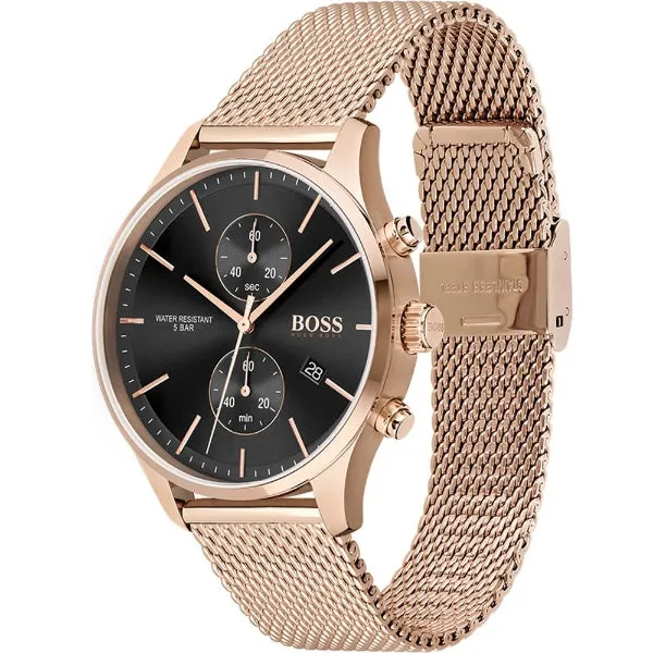 HUGO BOSS Associate Rose Gold Mesh Bracelet Black Dial Chronograph Quartz Watch for Gents - HUGO BOSS 1513806