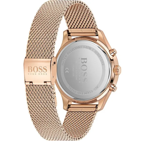 HUGO BOSS Associate Rose Gold Mesh Bracelet Black Dial Chronograph Quartz Watch for Gents - HUGO BOSS 1513806