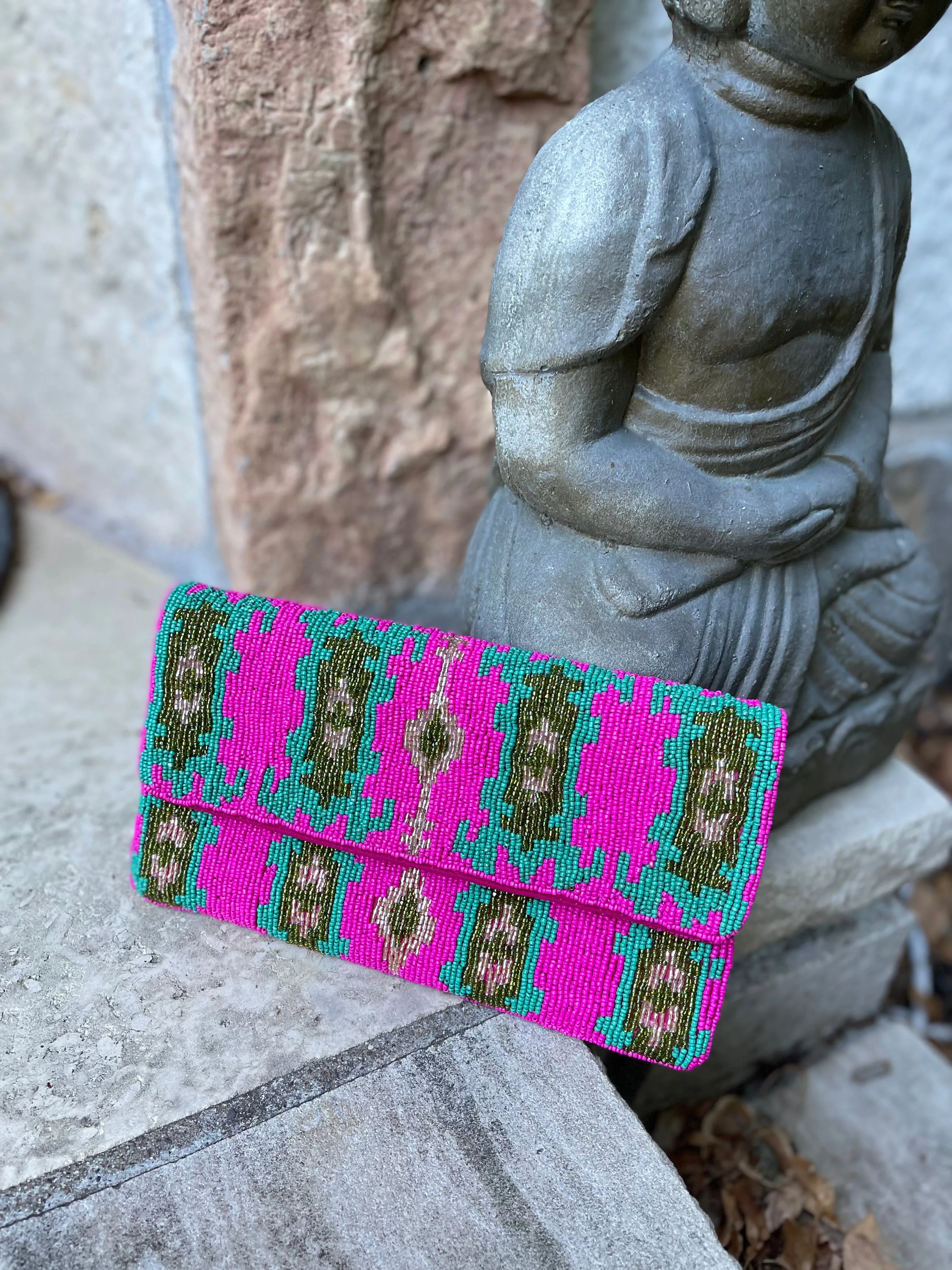 Ikat Pattern Handmade Beaded Clutch