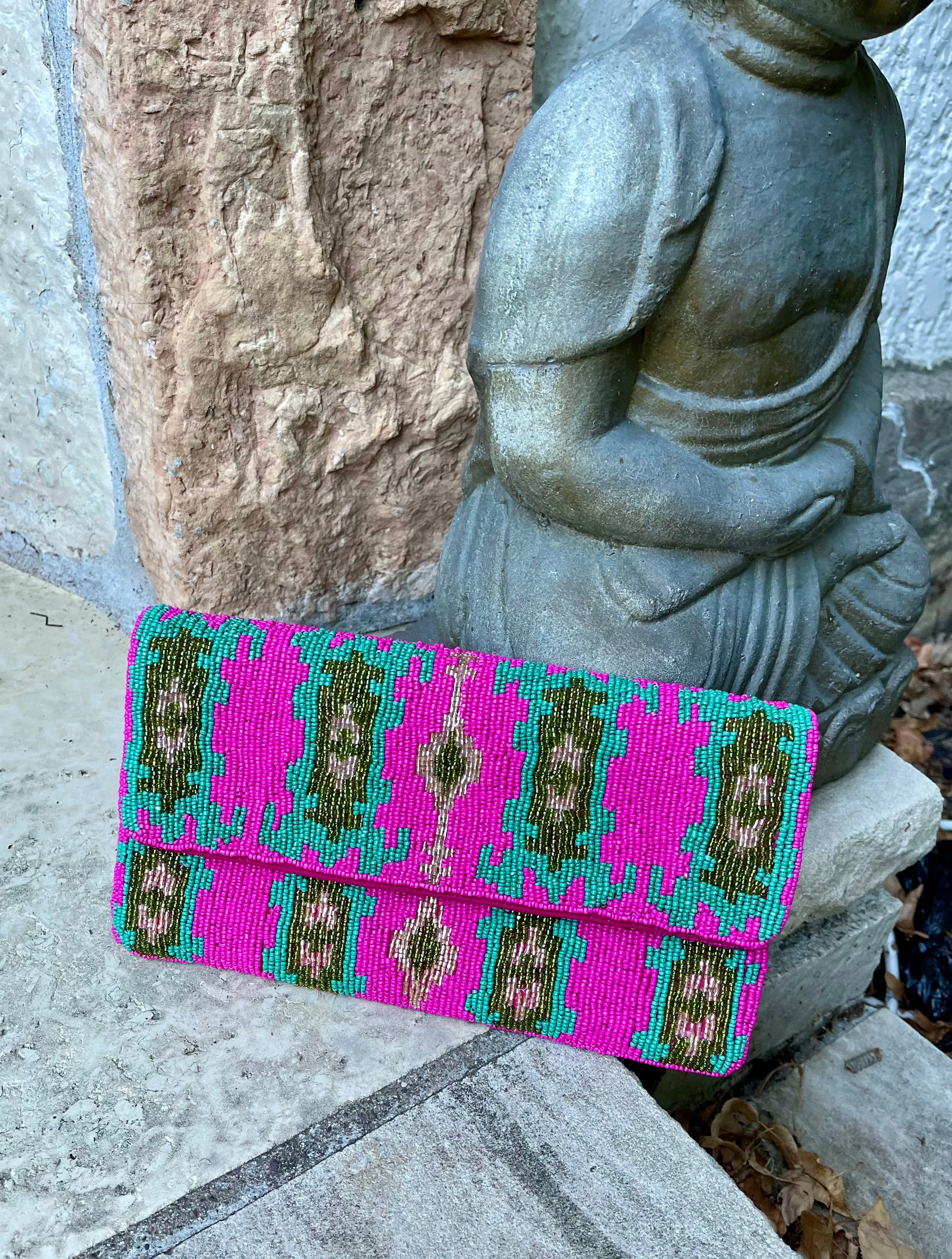 Ikat Pattern Handmade Beaded Clutch