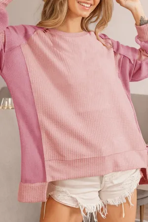 KaleaBoutique Color Block Waffle High Low Raglan Sleeve Sweatshirt