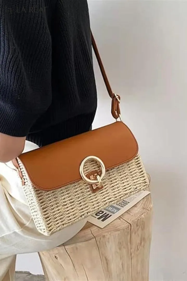 La Reat'sSummer Splicing Straw Square Bag for Women Retro Small Shoulder Messenger Bag Fashion Rattan Crossbody Bag Travel Beach Bag (Beige 22X7X14.5Cm)