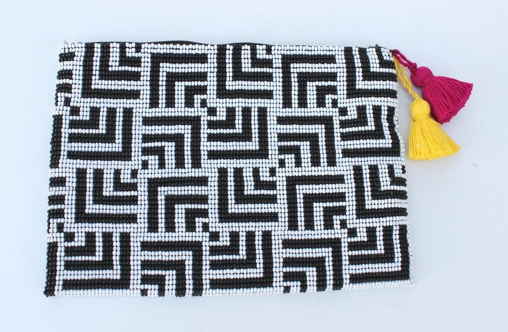 Labyrinth Glass Bead Clutch Black and White