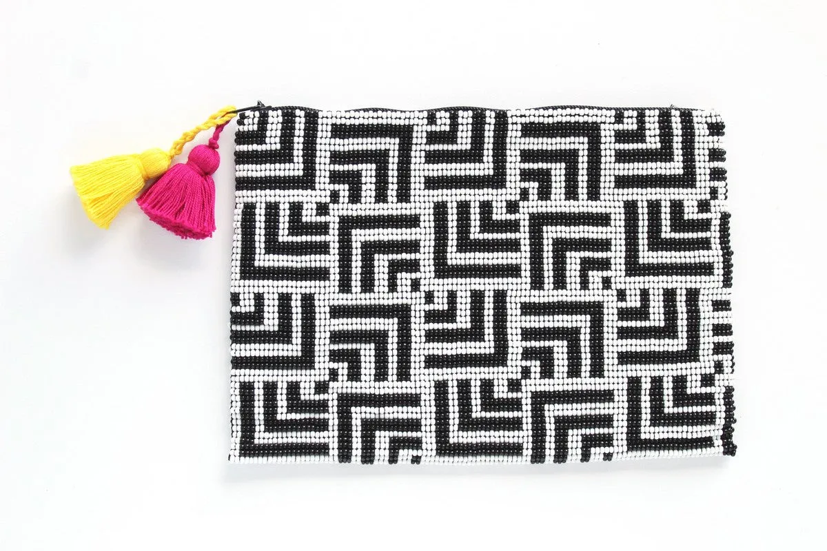 Labyrinth Glass Bead Clutch Black and White