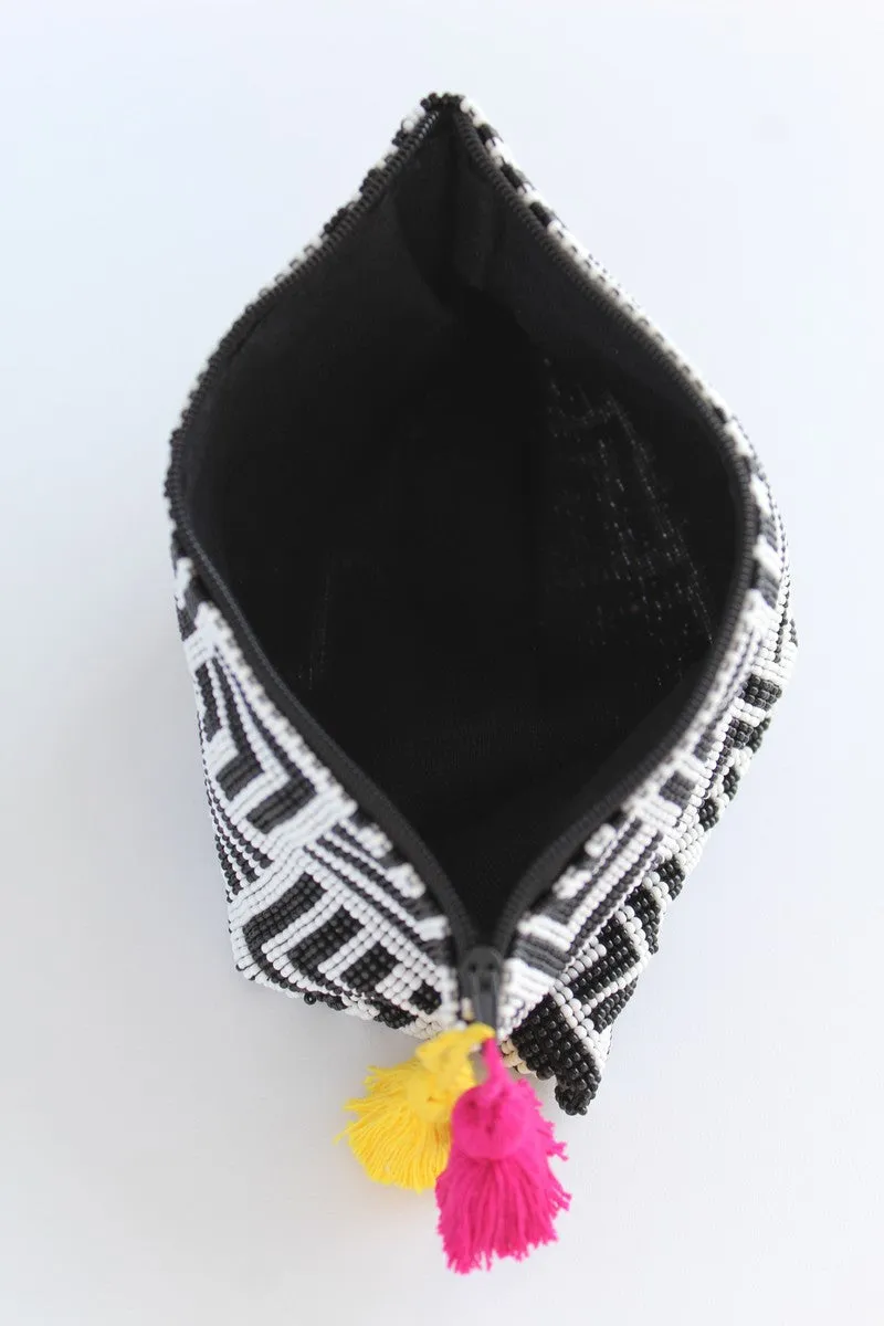 Labyrinth Glass Bead Clutch Black and White