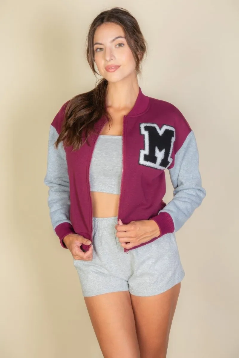 Letter Patched Striped Trim Varsity Jacket