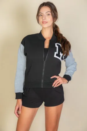 Letter Patched Striped Trim Varsity Jacket