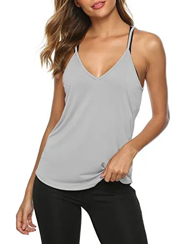 LEXISLOVE Womens Summer Workout Tank Tops Sexy Open Back Backless Yoga Shirt Activewear Workout Clothes Running Sports Gym Loose Cute V Neck Sleeveless Beach Tops Grey