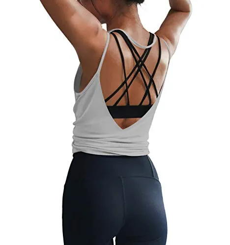 LEXISLOVE Womens Summer Workout Tank Tops Sexy Open Back Backless Yoga Shirt Activewear Workout Clothes Running Sports Gym Loose Cute V Neck Sleeveless Beach Tops Grey
