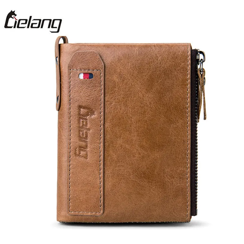 LIELANG Men Wallets Genuine Cow Leather Mens Purse Fashion Coin Pocket Small Zipper Men Walet High Quality Male Card ID Holder