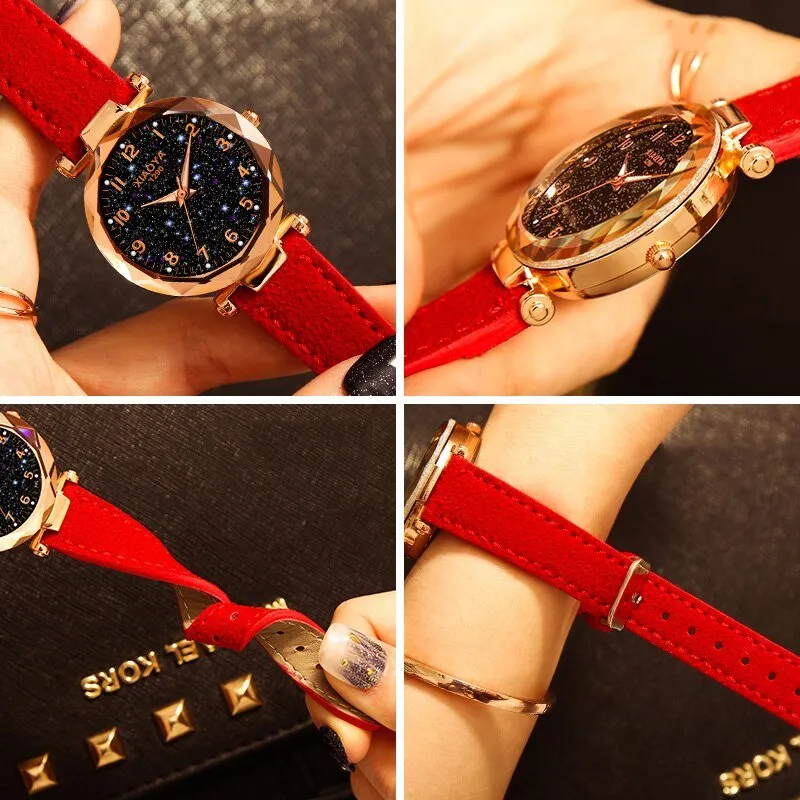 Luxury Starry Sky Watch For Women Red Leather Jewelry