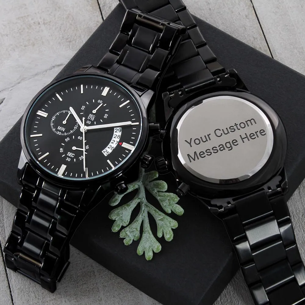 Men's Customized Engraved Black Chronograph Watch