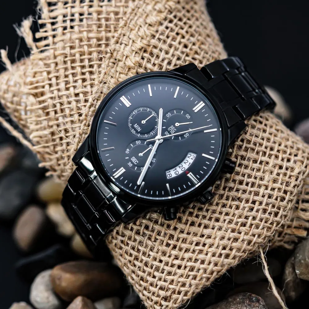 Men's Customized Engraved Black Chronograph Watch