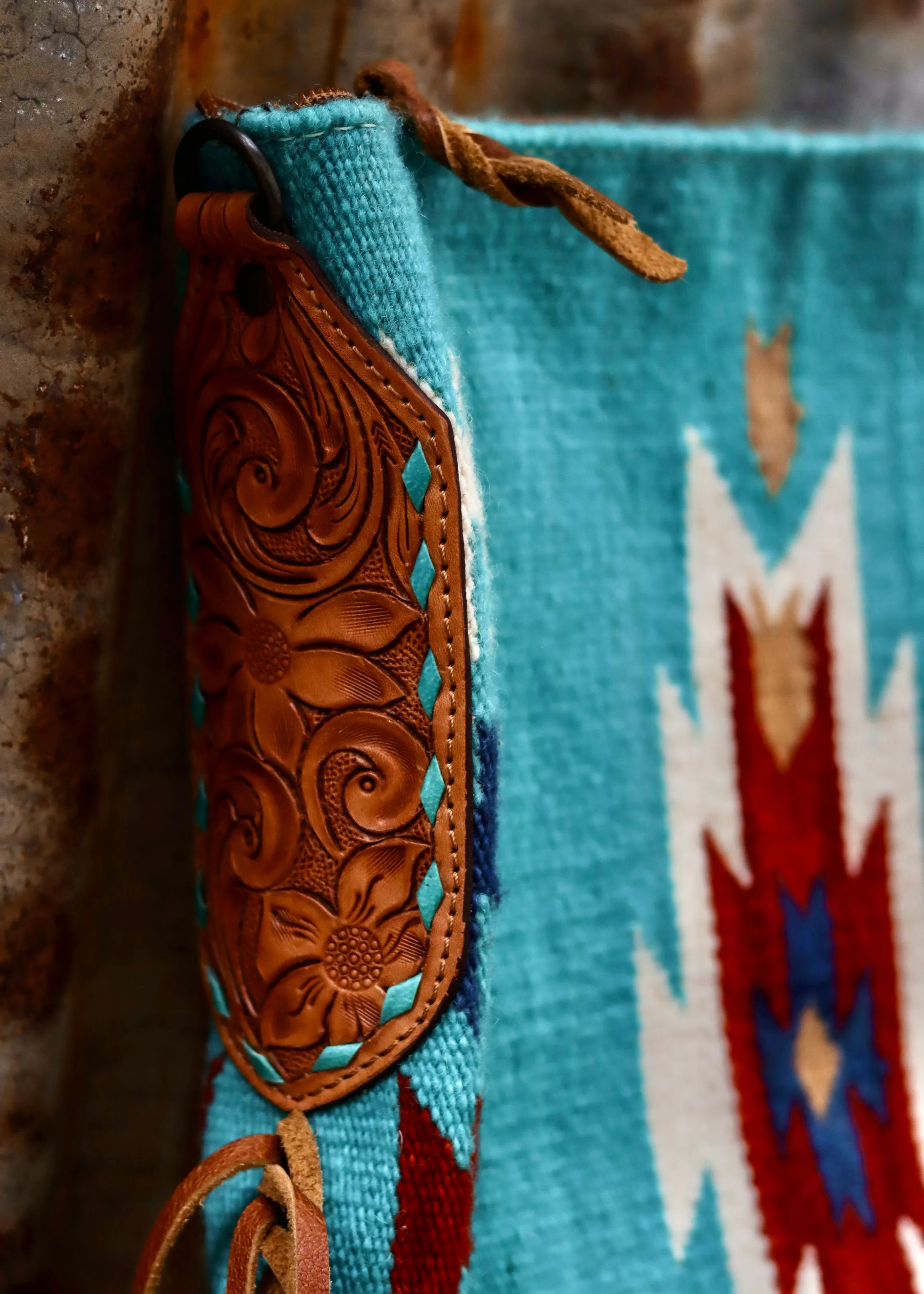 Millie Tooled Leather Saddle Blanket Bag in Blue