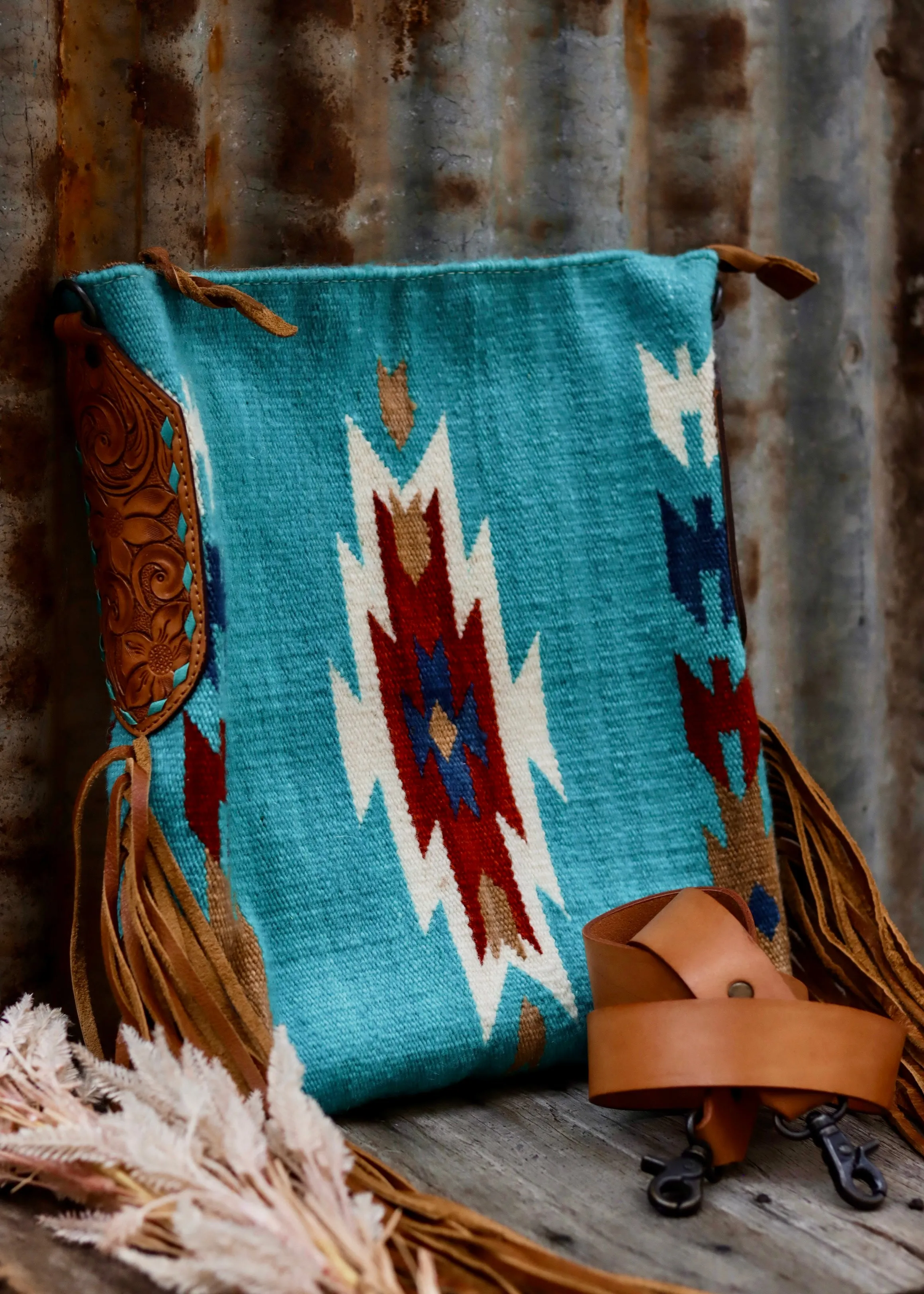 Millie Tooled Leather Saddle Blanket Bag in Blue