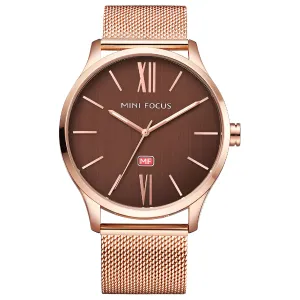 Mini Focus Rose Gold Mesh Bracelet Brown Dial Quartz Watch for Gents - MF0018G-02