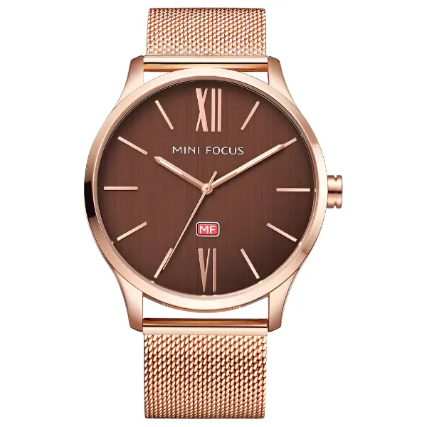 Mini Focus Rose Gold Mesh Bracelet Brown Dial Quartz Watch for Gents - MF0018G-02