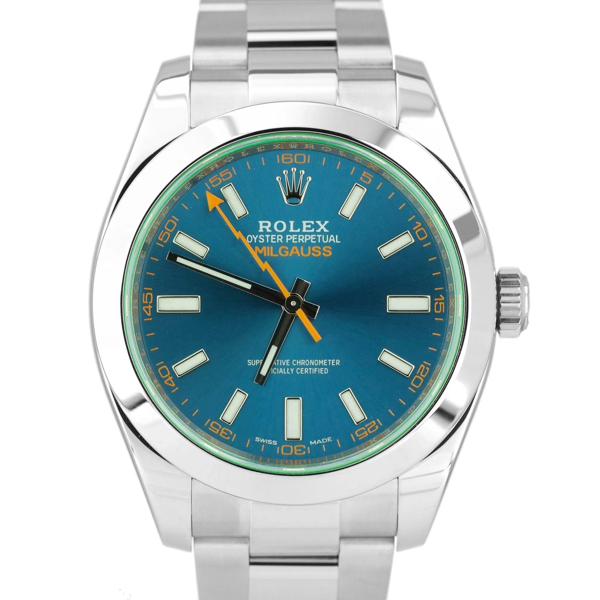 MINT Rolex Milgauss Z-Blue Green Anniversary 40mm 116400 GV Stainless Watch