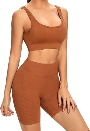 New Janprint 2-Piece Seamless Ribbed High Waist Athletic Shorts & Sports Bra, Brown, Sz S!