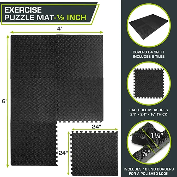 New ProsourceFit Exercise Puzzle Mat ½ inch, 24 SQ FT, 6 Tiles, EVA Foam Interlocking Tiles Protective and Cushion Flooring for Gym Equipment, Exercise and Play Area, Black! Enough for 4Ft X 6Ft Area!