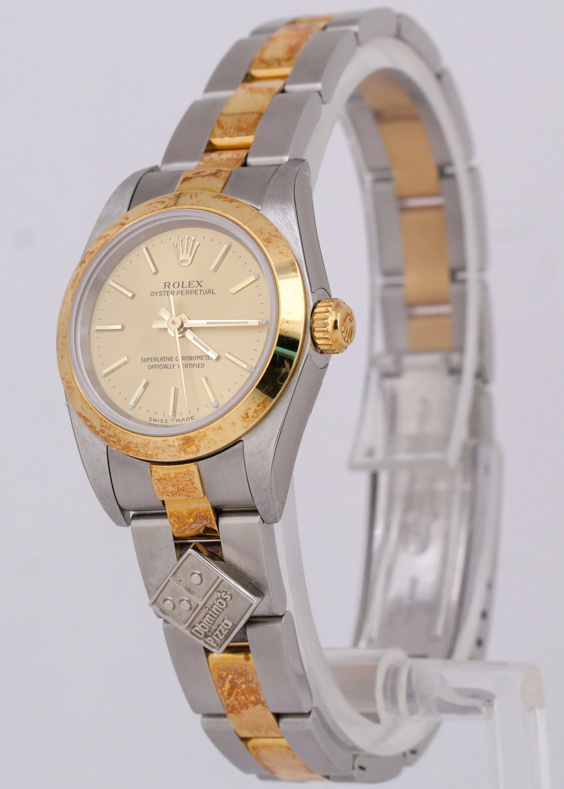 NOS STICKERED PAPERS Rolex Oyster Perpetual CHAMPAGNE 18K DOMINO 24mm 76183 B P